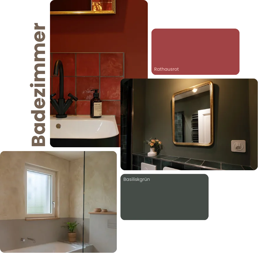 Collage mit verschiedenen Bildern und Farben der Wandgestaltung im Bad