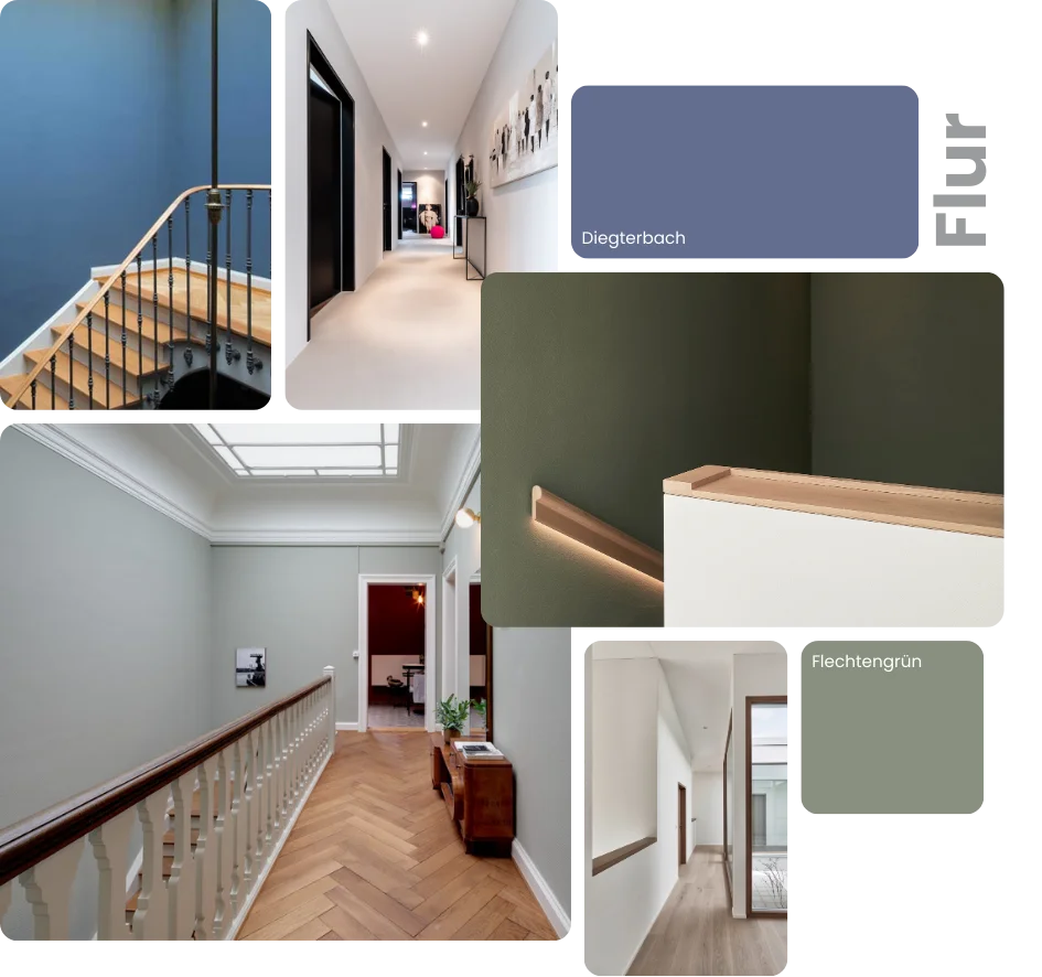 Collage mit verschiedenen Bildern und Farben der Wandgestaltung im Flur