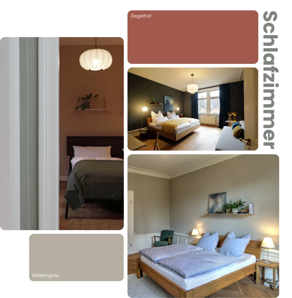 Collage mit verschiedenen Bildern und Farben der Wandgestaltung im Schlafzimmer