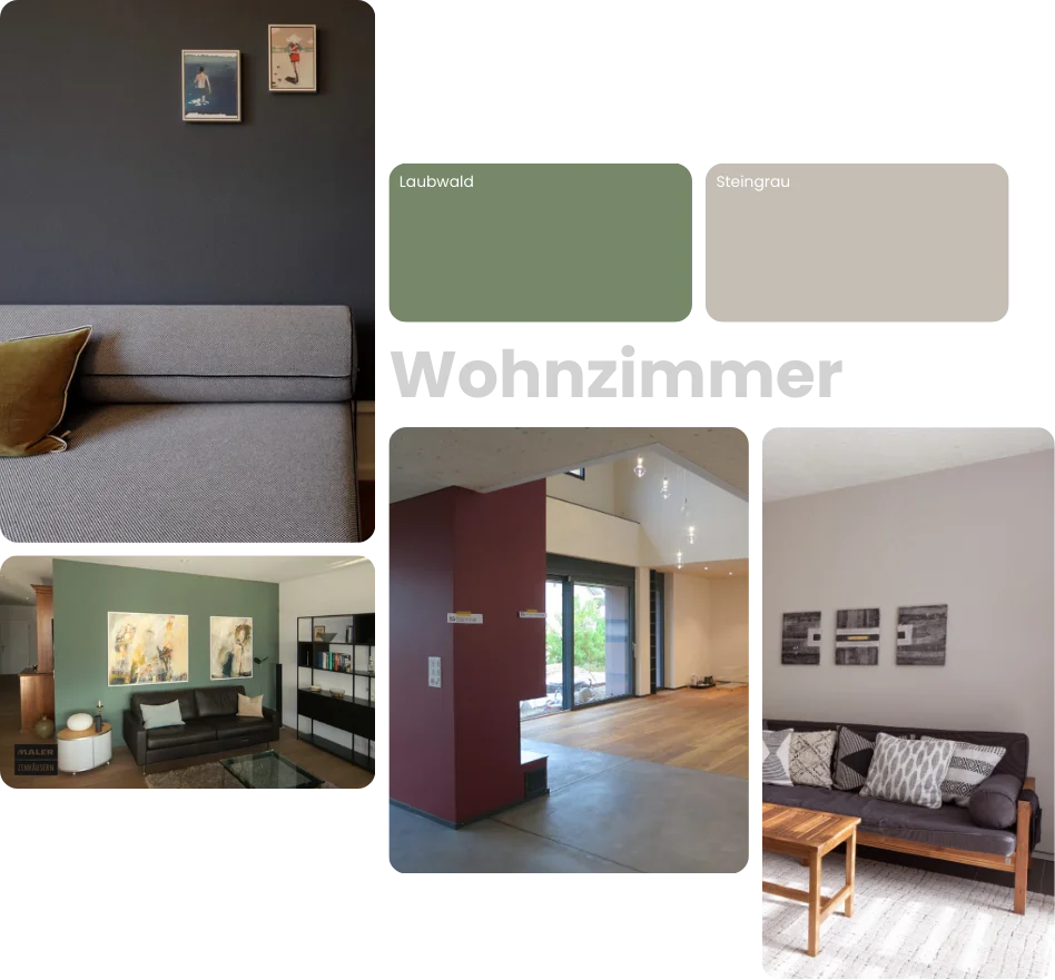 Collage mit verschiedenen Bildern und Farben der Wandgestaltung im Wohnzimmer